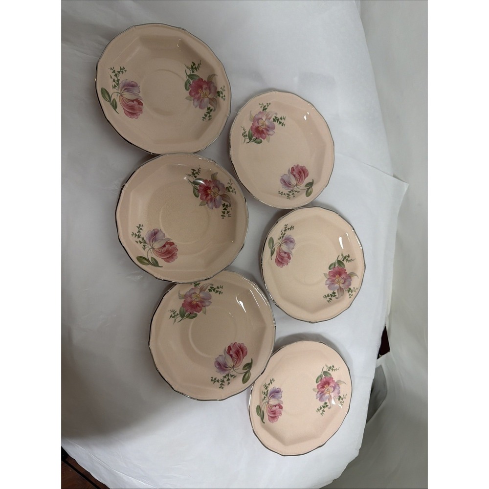 6 Vintage Taylor, Smith & Taylor Pink Floral Saucers Silver Rimmed Marked - Picture 4 of 5